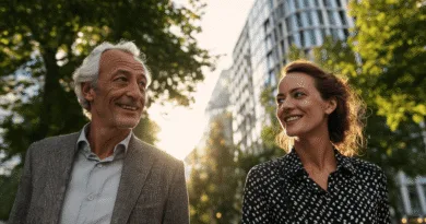 En medelålders man och en kvinna promenader i en stadsmiljö omgiven av moderna byggnader och grönska, fångade i leende samtal under en solnedgång. Perfekt för artiklar om urban livsstil och relationer. Midcent: Samhälle.