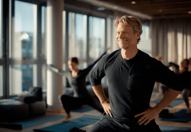 En medelålders man deltar i en yoga-klass, leende och avkopplad, i ett solbelyst rum. Perfekt för att förbättra mental och fysisk hälsa. Midcent. Kategori: Hälsa.