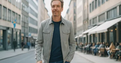 Midcent: En medelålders man promenerar på en livlig stadsgata kantad av kaféer och kontorsbyggnader. Han bär en grå jacka och jeans. Soligt och livligt miljö. Kategori: Samhälle.