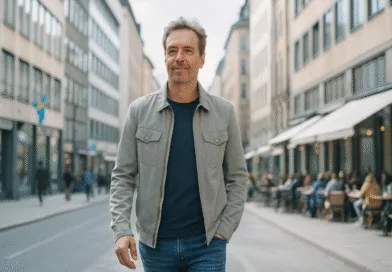 Midcent: En medelålders man promenerar på en livlig stadsgata kantad av kaféer och kontorsbyggnader. Han bär en grå jacka och jeans. Soligt och livligt miljö. Kategori: Samhälle.