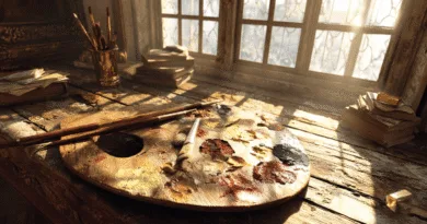 Midcent: En stämningsfull bild av en konstnärsateljé, där solens strålar lyser upp en färggrann palett och penslar på ett gammalt, träbord. Den perfekta miljön för kreativ inspiration. Kategori: Underhållning.